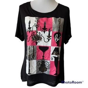Paris graphic tee chandelier sequin detail black pink silver white Size 2XL